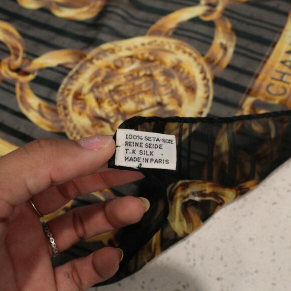 Vintage Chanel Scarf Silk Chain Print Green Square 90s Old Money 36x36 - Picture 6 of 12